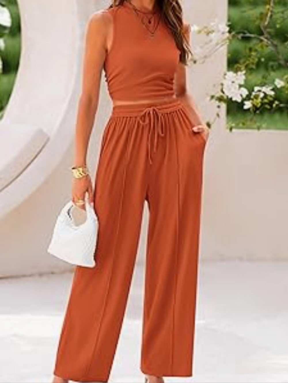 Pretty Garden Women's 2 Piece Set- Ribbed Top And Wide Leg Pants Size M